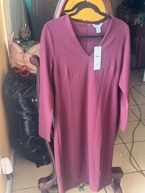 Long Sleeve Burgundy V neck MIdi Dress !